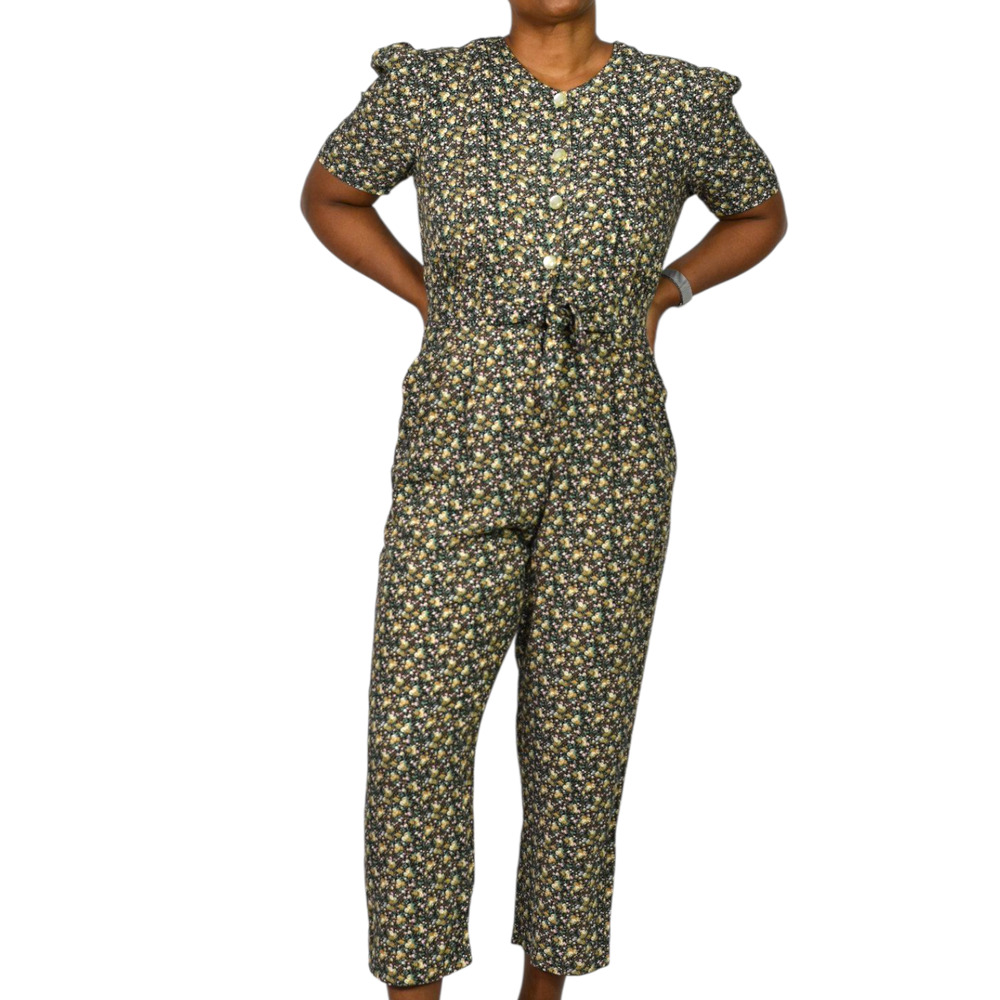 Floral Jumpsuit Vintage Black Ditsy Micro Print Calico 90s Rayon Small Petite